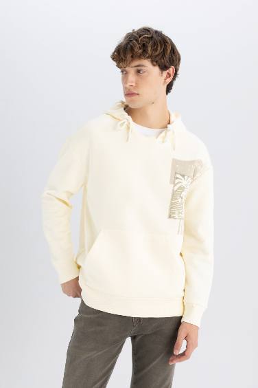 Boxy Fit Hooded Printed Kangaroo Pocket Sweatshirt