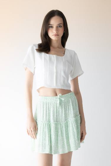 Fitted Square Neck Linen Blend Short Sleeve Blouse