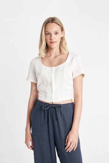 Fitted Square Neck Linen Blend Short Sleeve Blouse