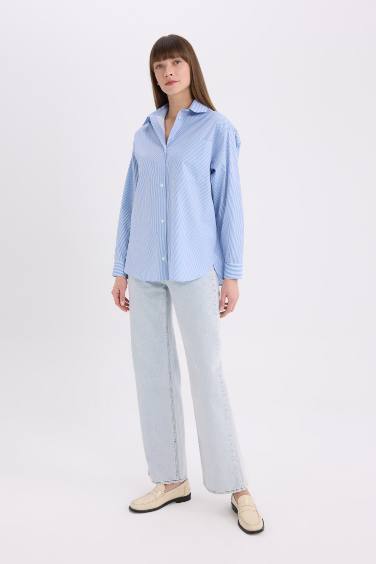 Oversize Fit Shirt Collar Poplin Printed Long Sleeve Shirt