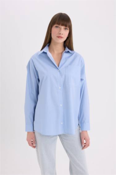 Oversize Fit Shirt Collar Poplin Printed Long Sleeve Shirt