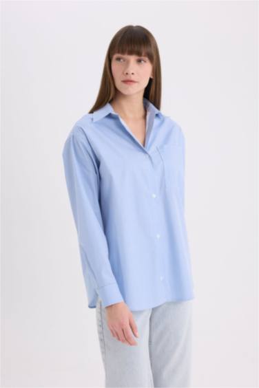 Oversize Fit Shirt Collar Poplin Printed Long Sleeve Shirt