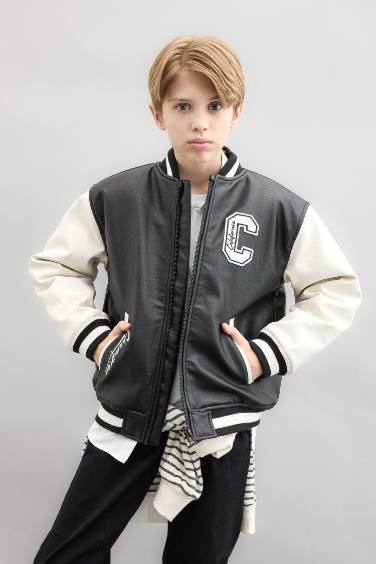 Boy Waterproof College Neck Bomber Jacket