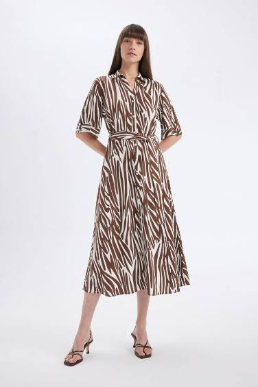 Shirt Collar Patterned Linen Blend Midi Dress