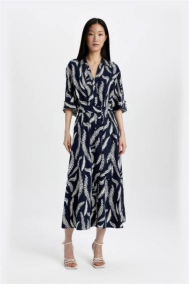 Shirt Collar Patterned Linen Blend Midi Dress
