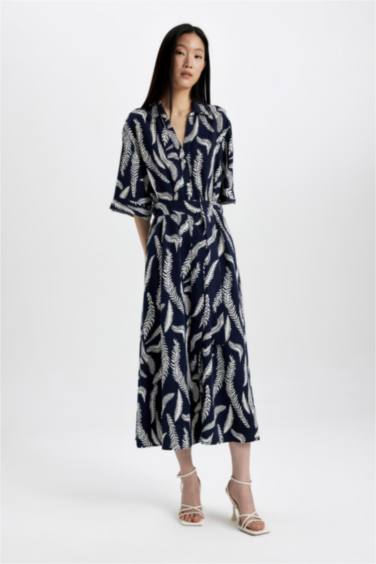 Shirt Collar Patterned Linen Blend Midi Dress