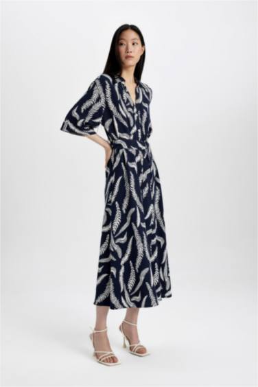 Shirt Collar Patterned Linen Blend Midi Dress