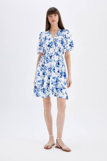 Wrap Neck Patterned Half Sleeve Mini Dress