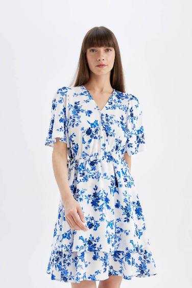 Wrap Neck Patterned Half Sleeve Mini Dress