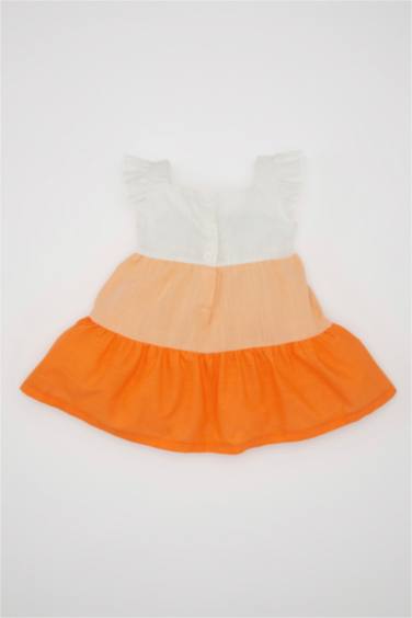 فستان بناتي ذو مظهر كتاني قصة عادية نص ردن