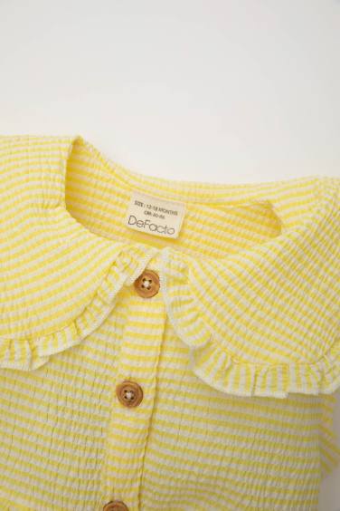 فستان بيبي بناتي مخطط بوبلين قصة عادية بدون كم بياقة كبيرة