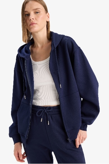 Relax Fit Hooded Basic Thick Fabric Cardigan