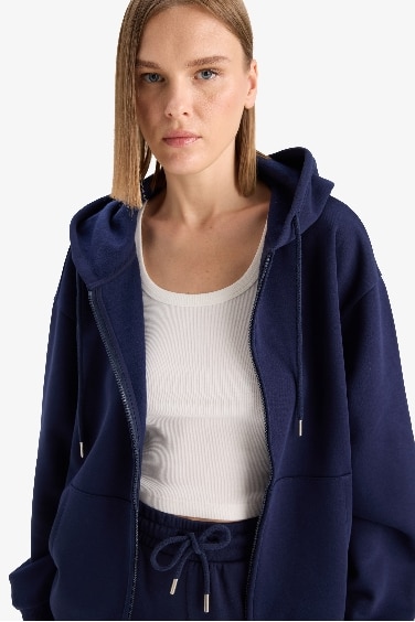 Relax Fit Hooded Basic Thick Fabric Cardigan