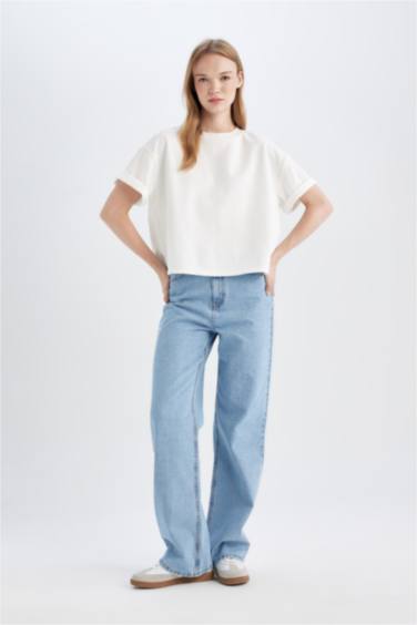 بنطلون جينز وايد ليج برجل واسع وخصر عالي