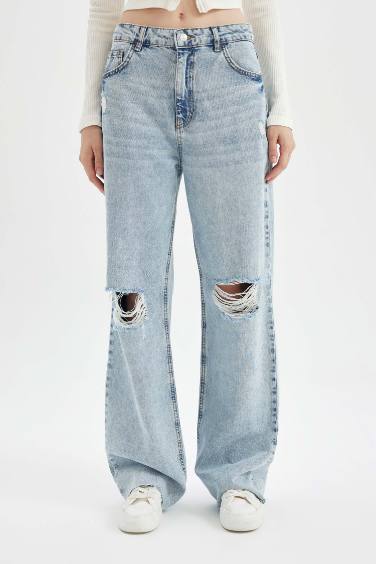 90's Wide Leg Ripped Detailed High Waist Washed Jeans