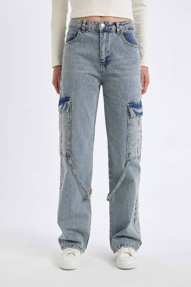 Pantalon Jean Cargo Large à Taille Haute Et Long