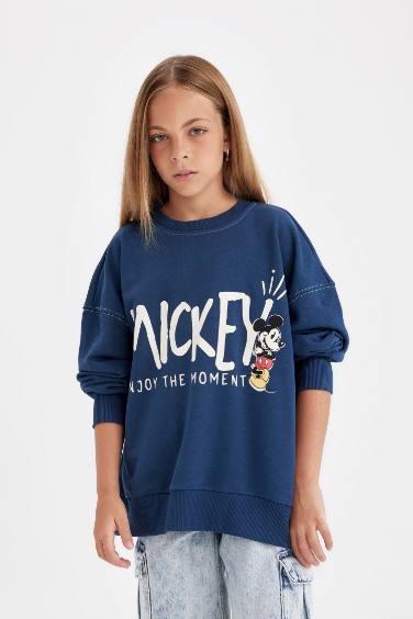 Kız Çocuk Disney Mickey & Minnie Oversize Fit Geniş Kalıp Bisiklet Yaka Sweatshirt