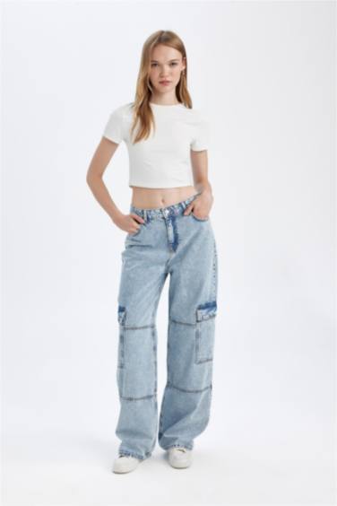Straight Fit Kargo Yüksek Bel Uzun Jean Yıkamalı Pantolon