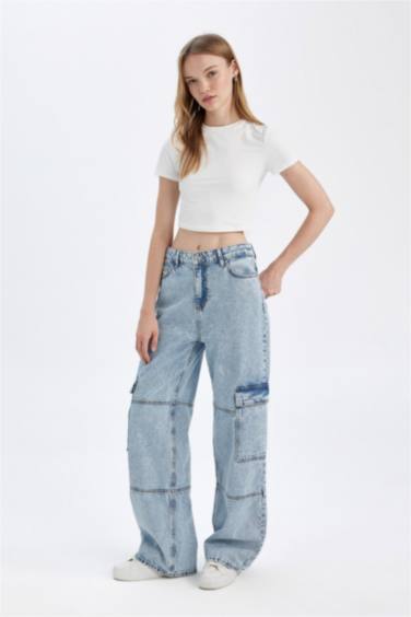 Straight Fit Kargo Yüksek Bel Uzun Jean Yıkamalı Pantolon