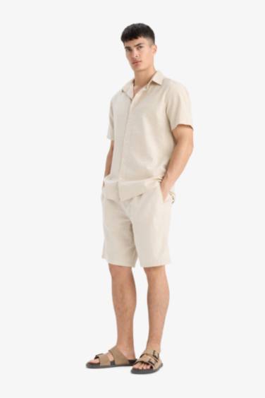Cotton Relax Fit Pocketed Linen Look Bermuda Shorts