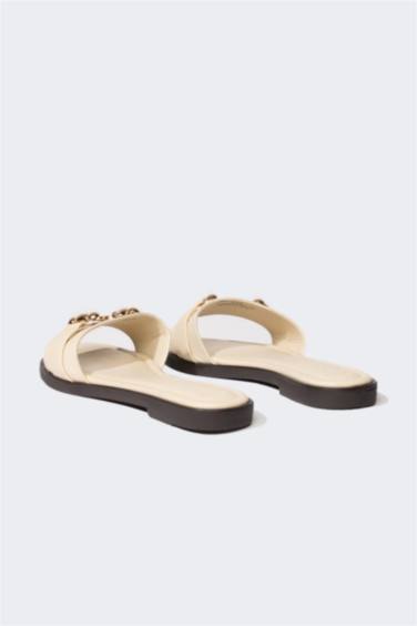 Woman Flat Sole Single Strap Faux Leather Slippers