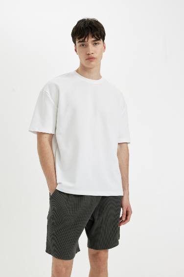 %100 Pamuk Relax Fit Petek Dokulu Cepli Bermuda Şort