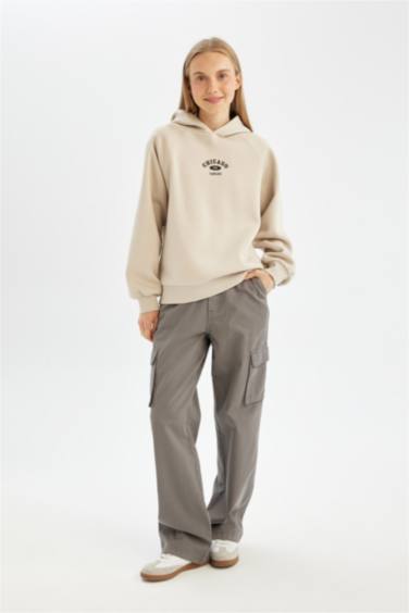 Straight Fit High Waist Gabardine Cargo Pants