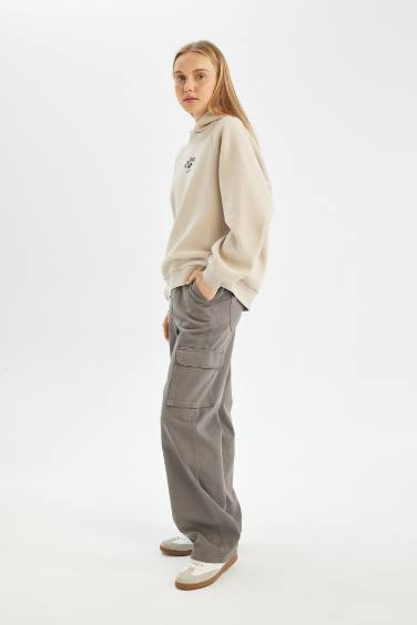 Straight Fit High Waist Gabardine Cargo Pants