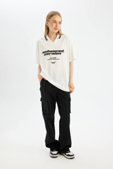Straight Fit High Waist Gabardine Cargo Pants