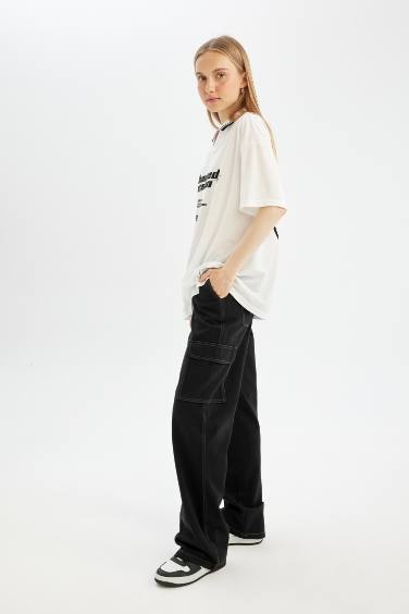 Straight Fit High Waist Gabardine Cargo Pants