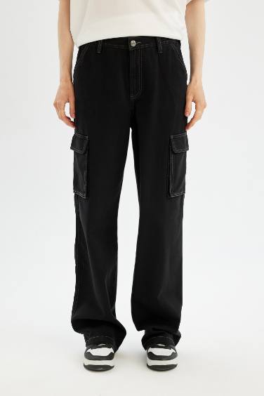 Straight Fit High Waist Gabardine Cargo Pants