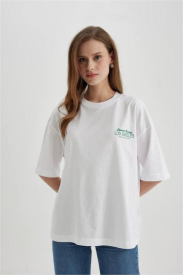 Oversize Fit Crew Neck Slogan Short Sleeve T-Shirt