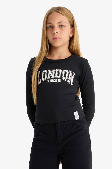 Kız Çocuk Slim Fit Dar Kesim Bisiklet Yaka Baskılı Fitilli Kaşkorse Uzun Kollu Tişört