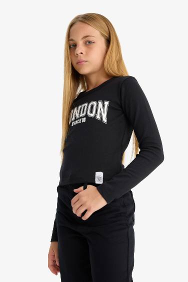 Kız Çocuk Slim Fit Dar Kesim Bisiklet Yaka Baskılı Fitilli Kaşkorse Uzun Kollu Tişört