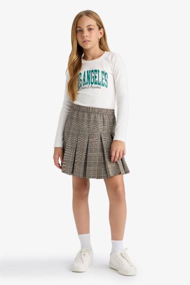 Kız Çocuk Slim Fit Dar Kesim Bisiklet Yaka Baskılı Fitilli Kaşkorse Uzun Kollu Tişört