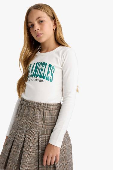 Kız Çocuk Slim Fit Dar Kesim Bisiklet Yaka Baskılı Fitilli Kaşkorse Uzun Kollu Tişört