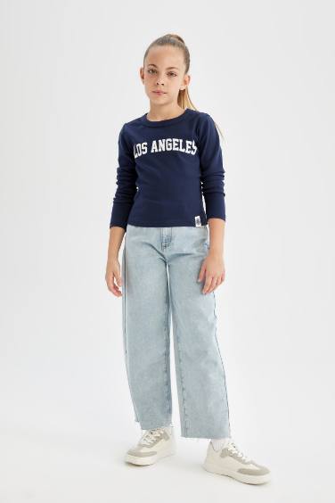 Bisiklet Yaka Baskılı Fitilli Kaşkorse Uzun Kollu Okul Tişörtü Kız Çocuk