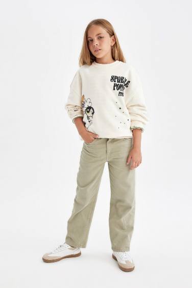 Kız Çocuk Straight Fit Düz Geniş Bol Paça Cepli Pamuklu Pantolon