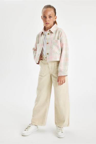 Kız Çocuk Wide Leg Geniş Bol Paça Cepli Pamuklu Bej Okul Pantolonu