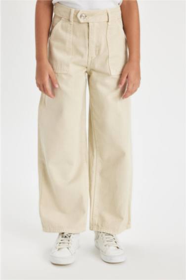 Kız Çocuk Wide Leg Geniş Bol Paça Cepli Pamuklu Bej Okul Pantolonu