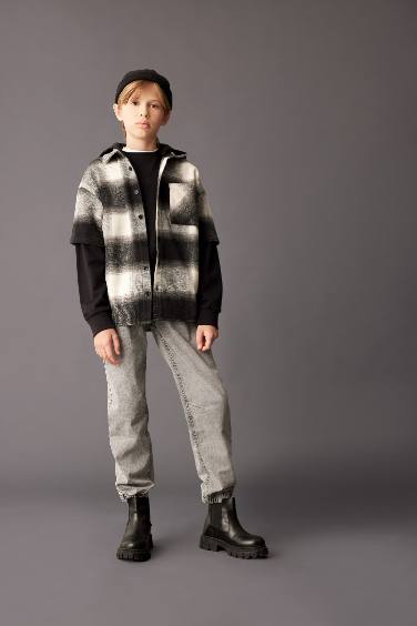 Erkek Çocuk Oversize Geniş Kalıp Kapüşonlu Flanel Uzun Kollu Gömlek