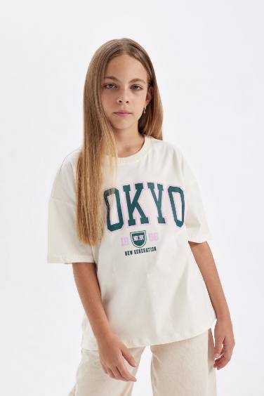 Girl Oversize Fit Crew Neck Printed School T-Shirt