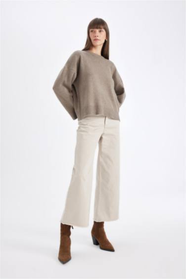 Culotte Gabardin Pantolon Yüksek Bel Basic Düz Cepli Geniş Bol Paça