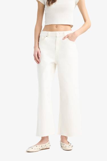 Culotte Gabardin Kumaş Pantolon Yüksek Bel Basic Düz Cepli Geniş Bol Paça