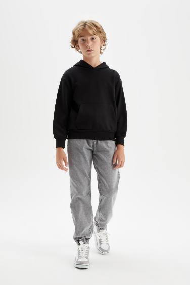 Erkek Çocuk Siyah Cepli Kapüşonlu Basic Düz Okul Sweatshirt