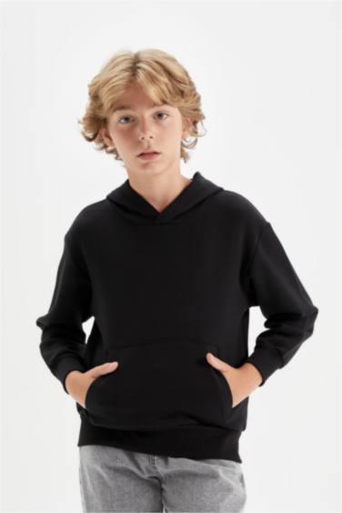 Erkek Çocuk Siyah Cepli Kapüşonlu Basic Düz Okul Sweatshirt