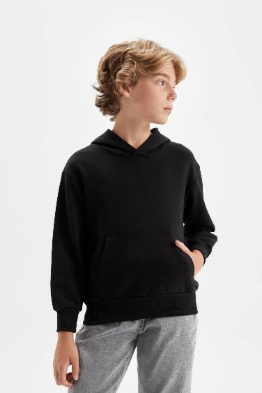 Erkek Çocuk Siyah Cepli Kapüşonlu Basic Düz Okul Sweatshirt