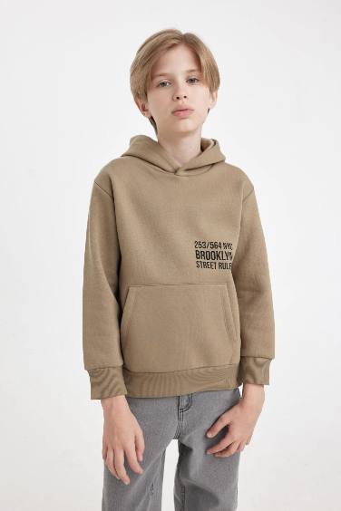 Erkek Çocuk Cepli Yazı Baskılı Kapüşonlu Kalın Okul Sweatshirt