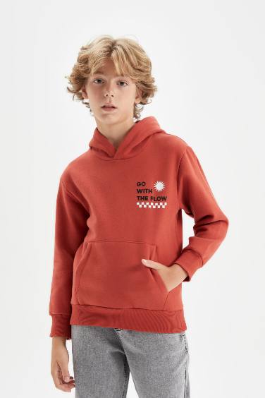 Sweat à capuche épais Orange avec poches et impression de texte pour garçon