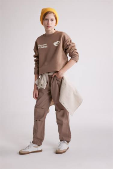 Erkek Çocuk Bağcıklı Beli ve Paçası Lastikli Cepli Jogger Gabardin Pantolon